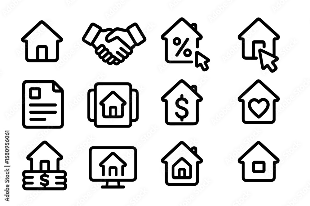 Fototapeta premium Real estate icons: simple linear symbols for home and property concepts