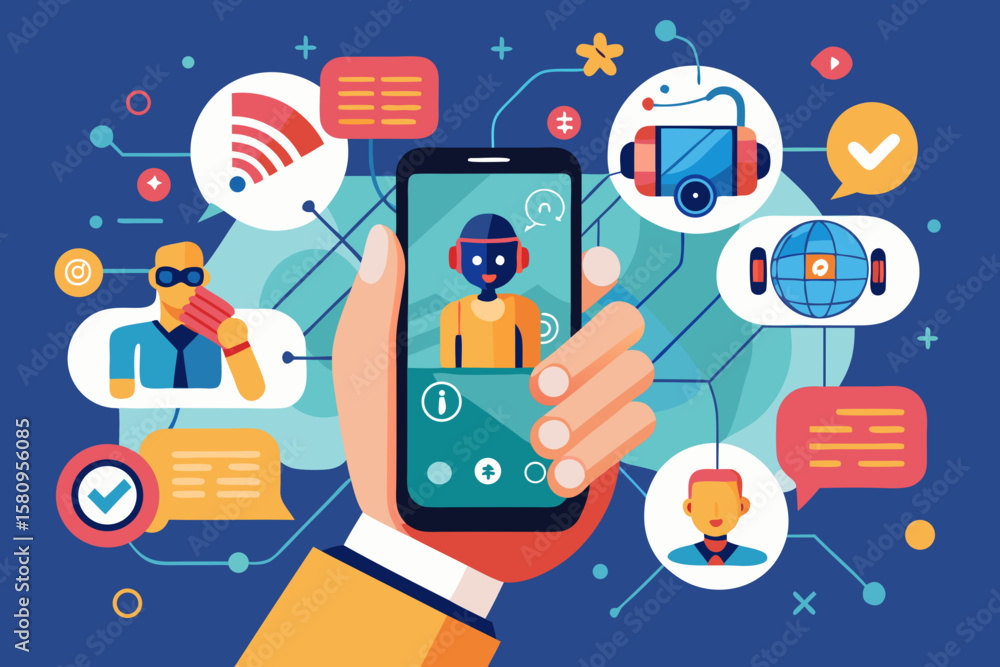 custom made wallpaper toronto digitalHand holding smartphone with chatbot and various communication icons around it