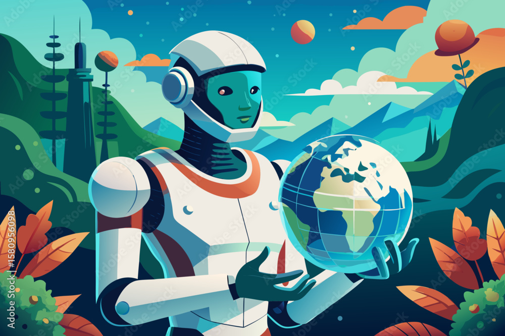 Naklejka premium Robot Holding Earth in Futuristic Landscape A Vision of Sustainable Technology