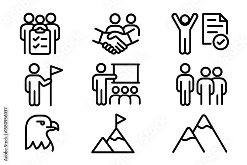 Business and leadership icons set in minimalist outline style