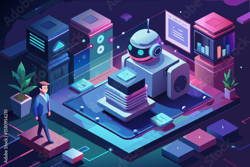 Isometric Illustration of a Man Robot and Data Servers in a Futuristic Environment