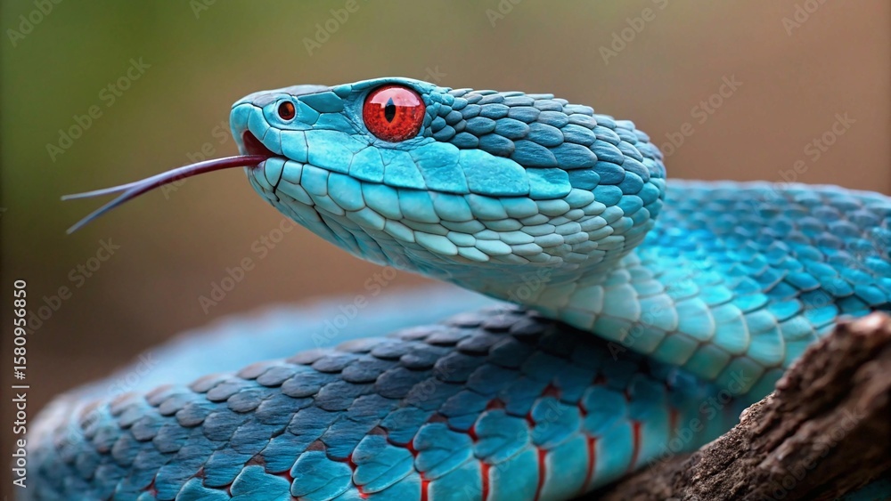 Obraz premium Close-Up of a Vibrant Blue Pit Viper with Striking Red Eyes and Forked Tongue