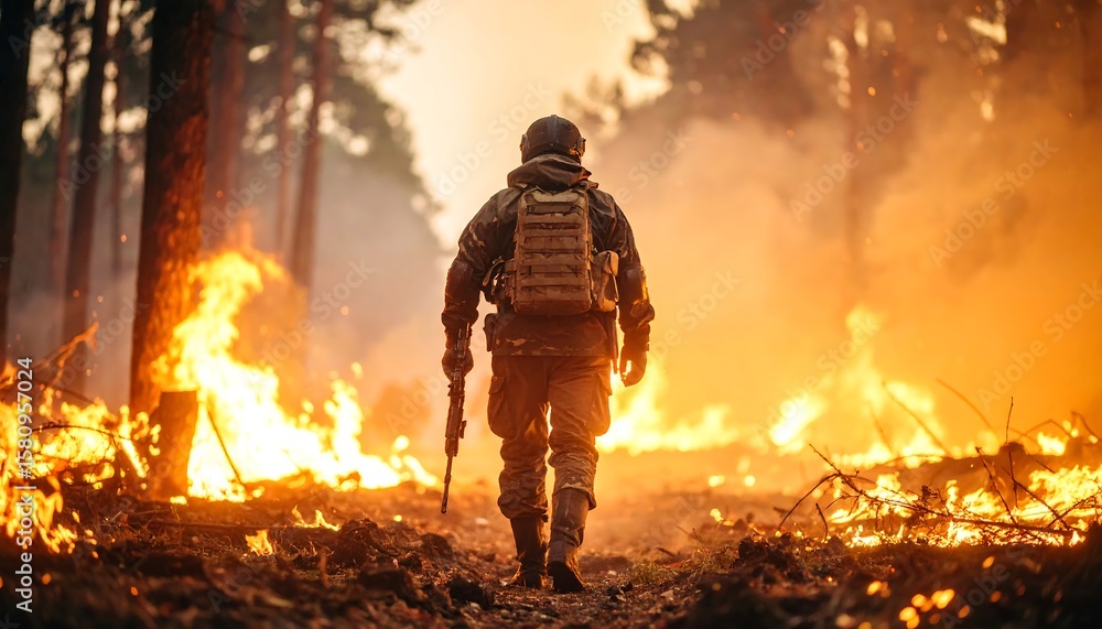 Soldier walks through forest fire Soldier walks through forest fire
