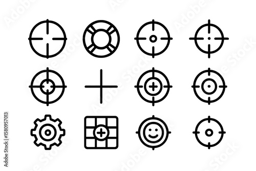 Dark target icon set with crosshairs and gear elements on textured background