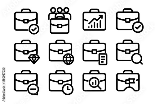 Business icon set with briefcase and office symbols in linear style