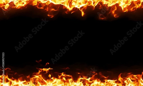A fiery frame with flames at the top and bottom against a solid black background design element