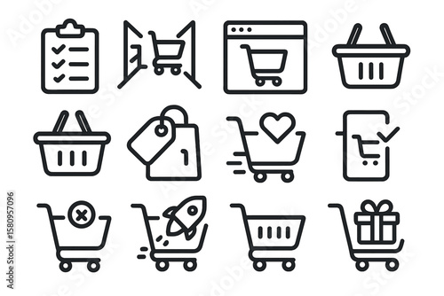 Dark mode shopping cart icons: modern e-commerce essentials