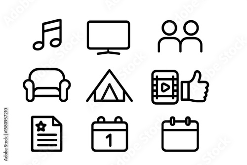 Minimalist black icon set featuring entertainment, social, and daily activity symbols
