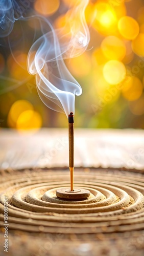 Incense stick smoke rising over a circular base