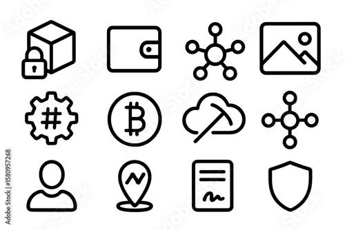 Minimalist cryptocurrency icons: wallets, mining, blockchain, security