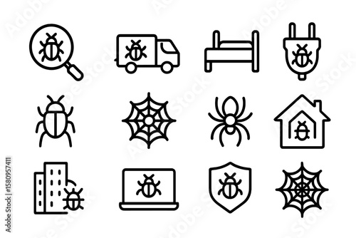 Bug and pest control icons set with web and spider elements