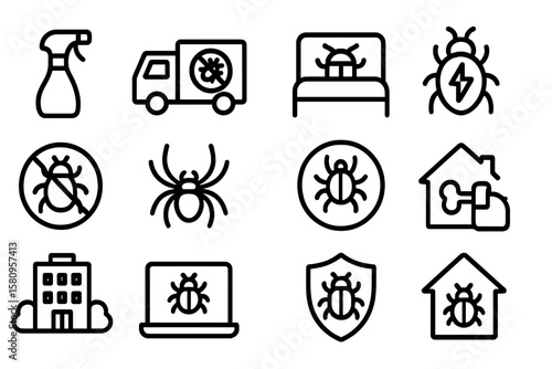 Silhouette icons of pest control and bed bug prevention techniques
