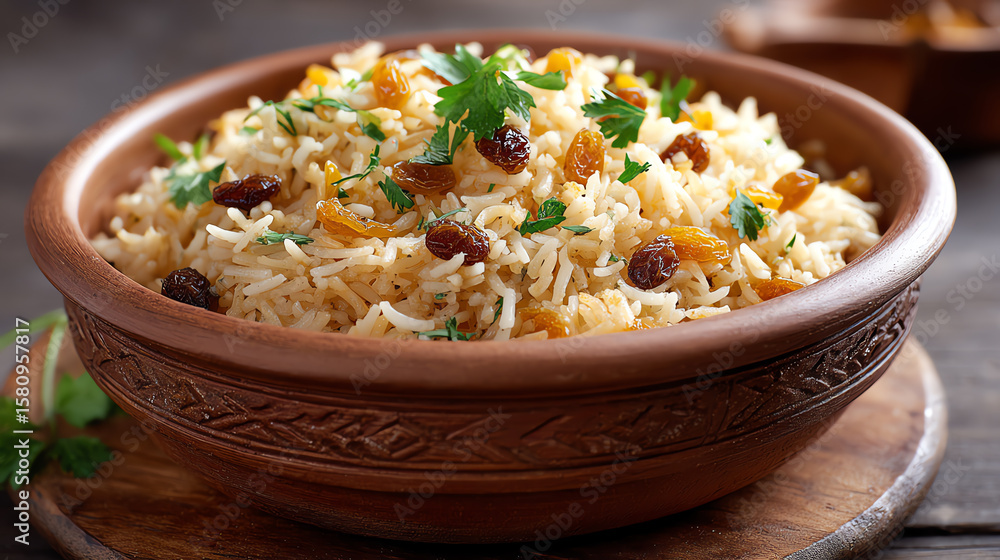 Delicious bowl of fragrant rice with raisins and herbs, perfect for a flavorful dish or culinary presentation. Delicious bowl of fragrant rice with raisins and herbs, perfect for a flavorful dish or culinary presentation.