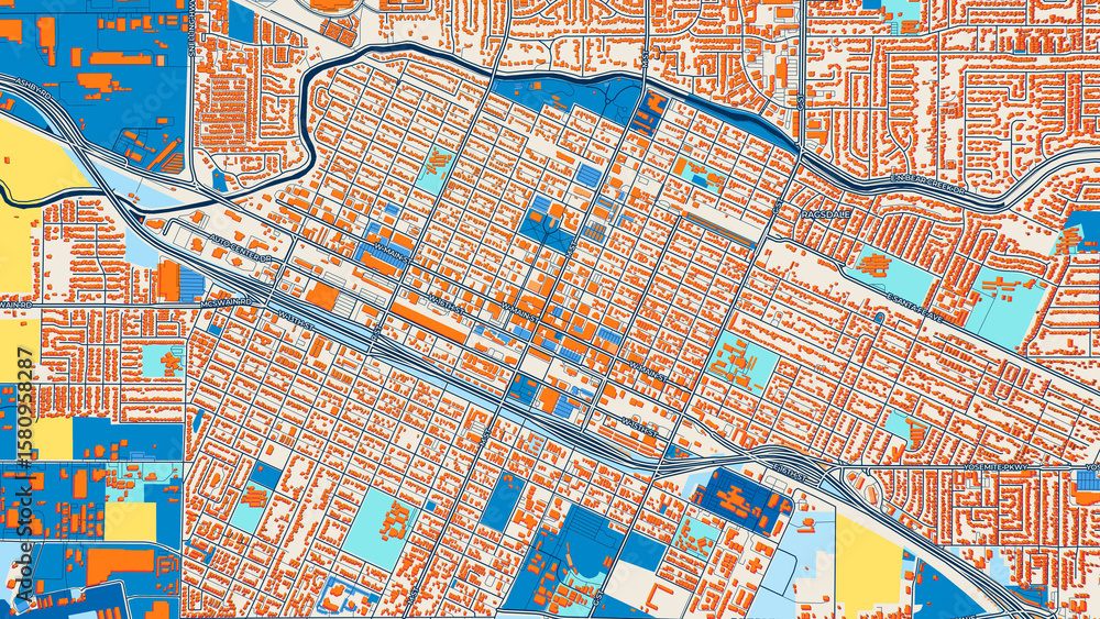Fototapeta premium Colorful Merced Street Map with Labels and Buildings