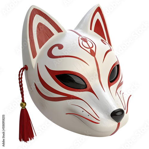 Traditional japanese kitsune fox mask with red accents isolated on transparent background