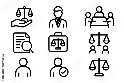 Justice and legal icons set in minimalist black and white style