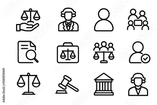 Legal icons set: justice, lawyer, court, and law symbols on dark background