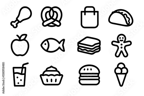 Icon set: food and drink outlines featuring snacks, fast food, and desserts in dark theme