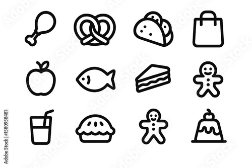 Black simple icons of food items and shopping bag on dark background