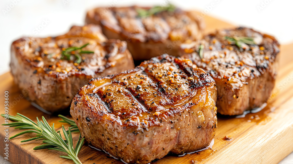 Delicious grilled steaks seasoned perfectly, served on a wooden board, garnished with fresh herbs for an appetizing presentation. Delicious grilled steaks seasoned perfectly, served on a wooden board, garnished with fresh herbs for an appetizing presentation.
