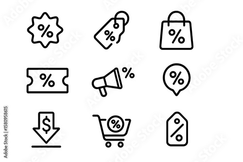 Black friday shopping icons: discounts, tags, cart, and more
