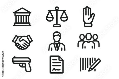 Legal and justice icons: symbols of law, order, and authority