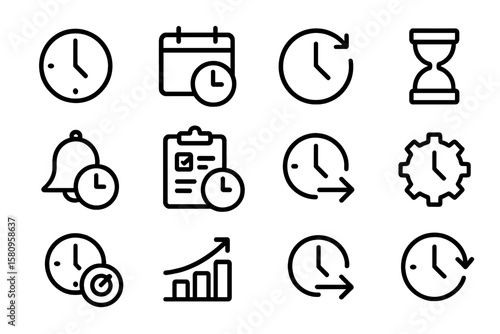 Linear time management icons set with clocks and calendars