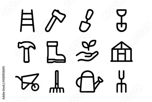 Black silhouette icons of gardening tools on gray background
