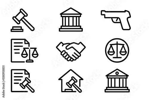 Legal and justice icons set: outline symbols for law and order themes