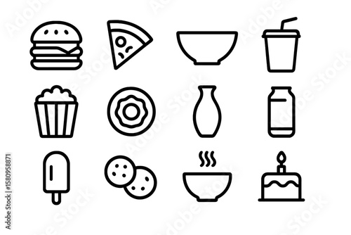 Outline icons of popular fast food and beverages on dark background