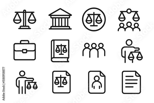 Law and justice icons: legal symbols in black linear style for modern design