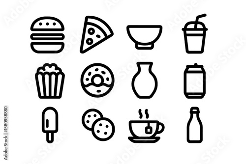 Seamless food icon pattern featuring silhouettes of popular snacks and drinks