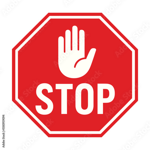 Flat vector illustration of red stop hand sign symbolizing warning, prohibition, danger, halt, and restricted access. Perfect for safety signage, alerts and public information graphics.