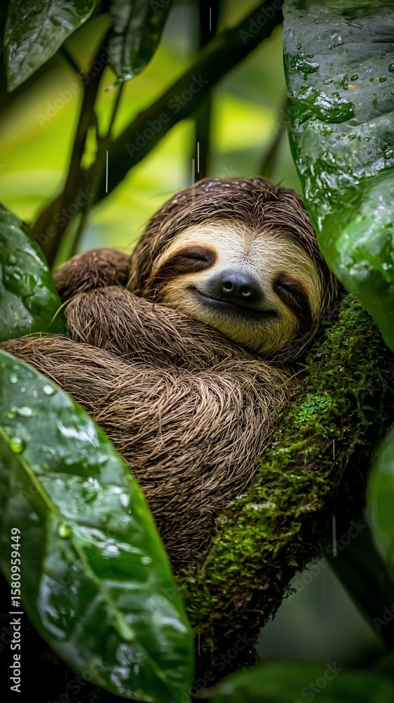 Fototapeta premium Contented Sloth Napping Peacefully on Mossy Branch Amidst Lush Green Foliage