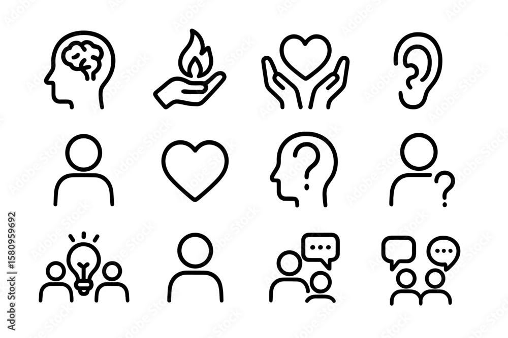 Minimalist line icons on mental health and communication concepts Minimalist line icons on mental health and communication concepts