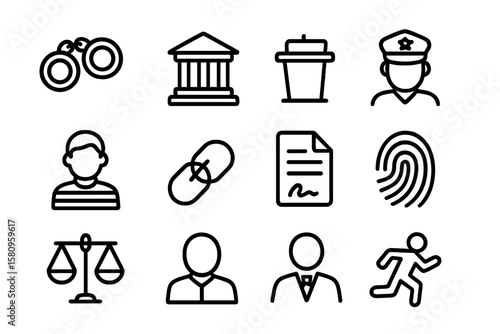 Crime and justice icons: handcuffs, court, officer, law