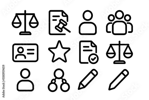 Justice system icons: legal and court symbols in simple cartoon style
