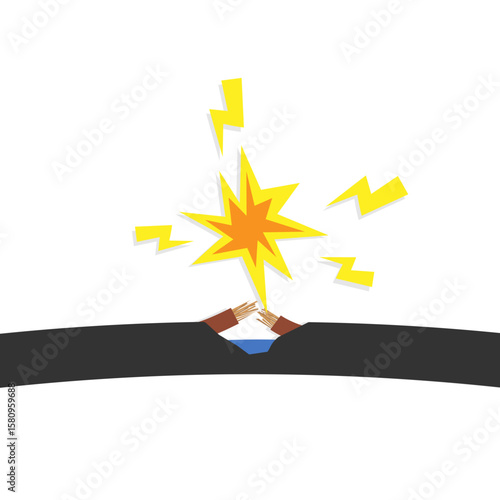 Electric shock hazard depicting lightning burst between two exposed wires. Vector illustration for use in safety signage, electrical hazard training materials, industrial manuals