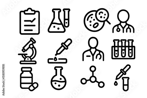 Linear icons of laboratory equipment and scientists for science and research design