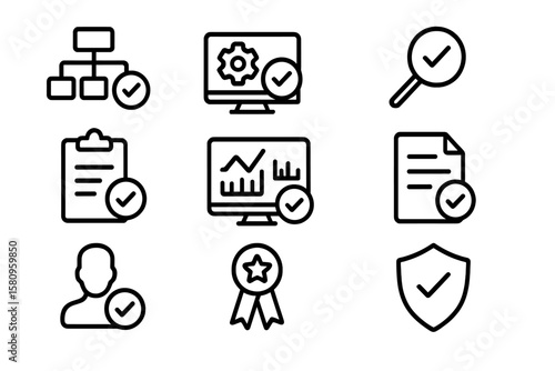 Business icons set with charts and checkmarks in minimalistic style