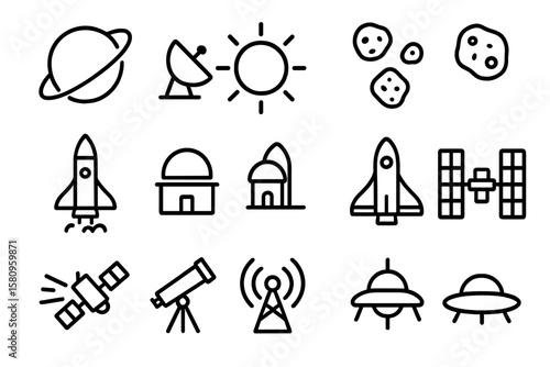 Space icons set: planets, rockets, telescopes, satellites in linear style