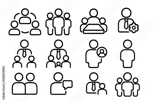 Business icons set featuring people in professional scenarios on dark background