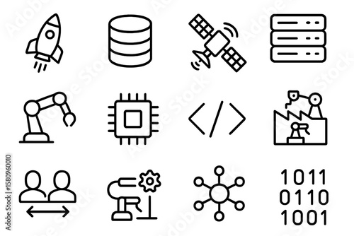 Technology and innovation icons featuring robotics, space, and data in minimalist style