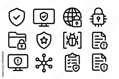 Cybersecurity icons set: computer, global, shield, privacy, lock symbols