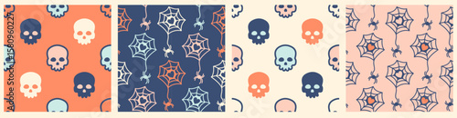 A set of cute and playful Halloween seamless patterns featuring skulls, spiders, and spiderwebs. Perfect for fabric, background, wallpaper, or festive design