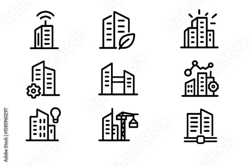 Modern building line icons set emphasizing smart city and eco-friendly design