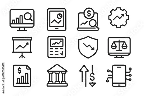 Monochrome business and finance icon set for digital platforms