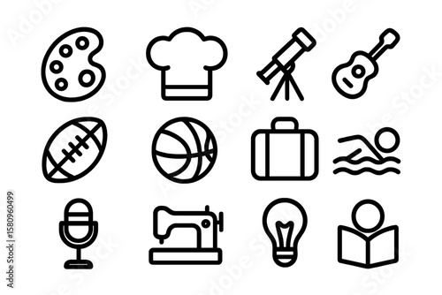 Collection of hobby and leisure activities icons in minimalist outline style