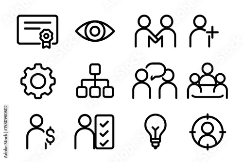 Business icons set: outline style for teamwork, strategy, and communication