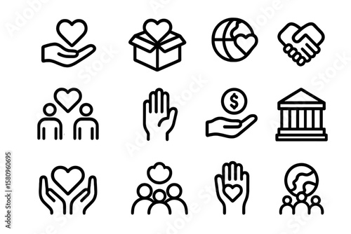 Minimalist charity and donation icons set on dark background